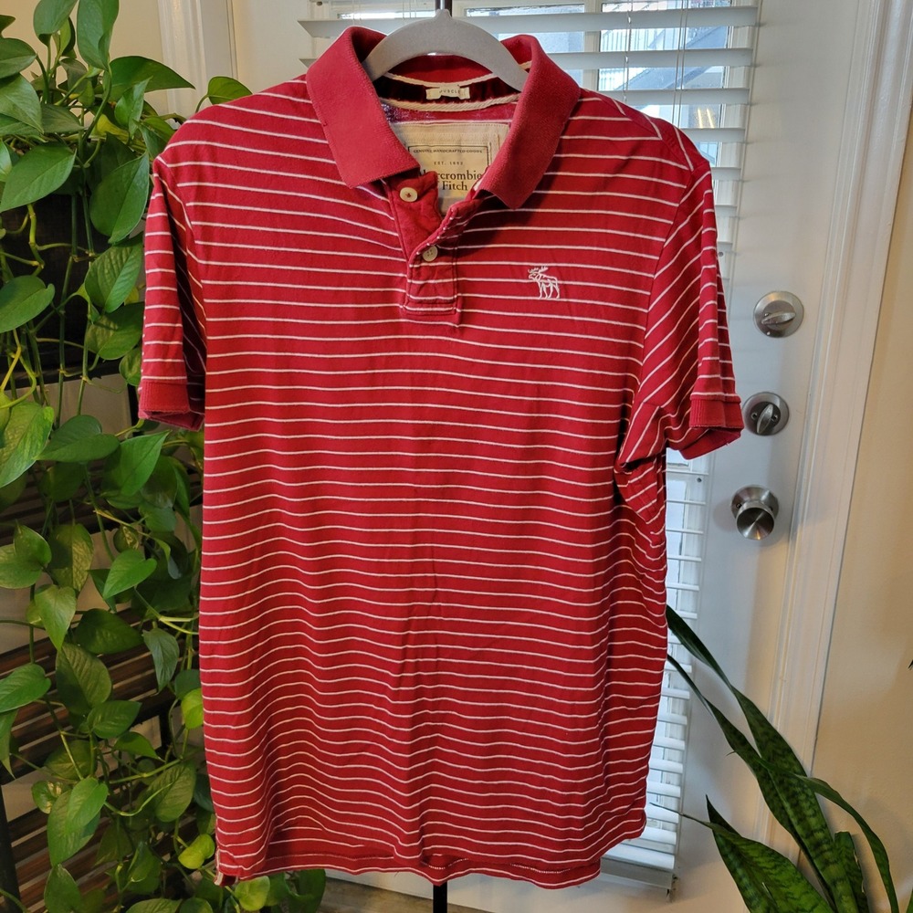 Abercrombie & Fitch Mens XL Muscle Fit Polo Shirt Red White Striped Moose Logo
